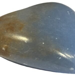 Polished natural angelite carved heart crystal 1 sians emporium Smooth polished blue angelite carved heart crystal showing natural white mineral flecks on a white background